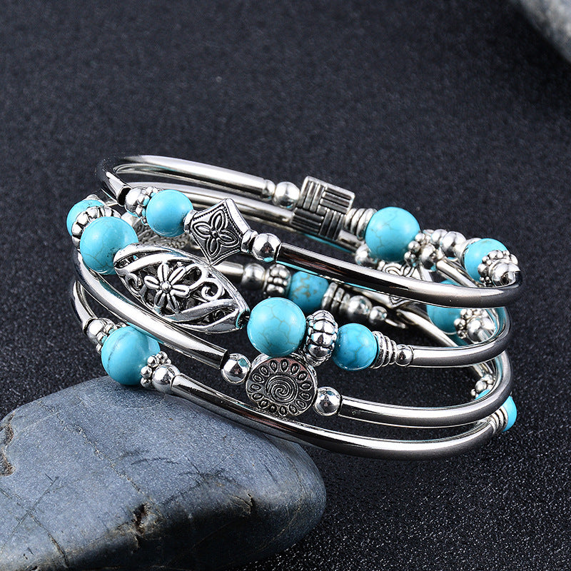 Natural Turquoise Multi Circle Layered Bracelet