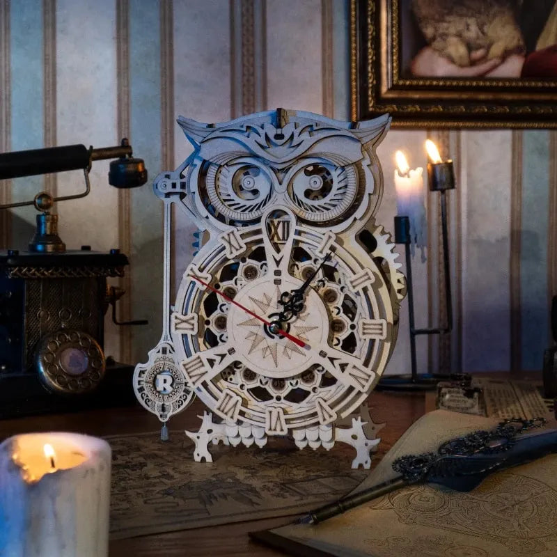 Vintage Owl Clock - Mechanical 3D Wooden Puzzle - 161 Pieces