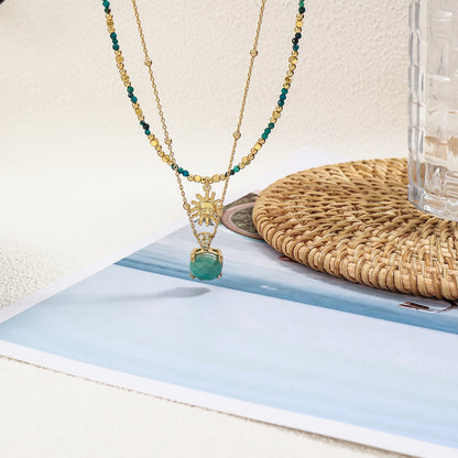 Turquoise Handmade Beaded Necklace Gold Plated Sun Pendant Collarbone Chain