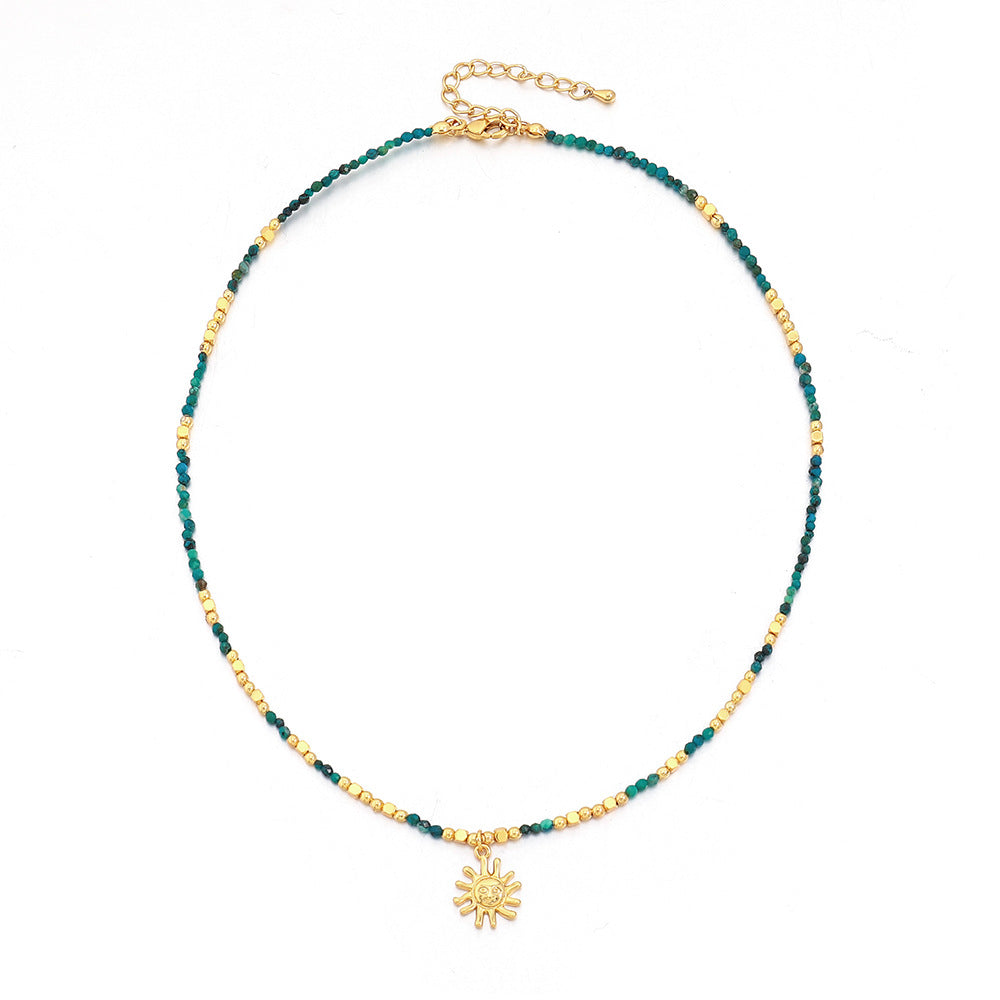 Turquoise Handmade Beaded Necklace Gold Plated Sun Pendant Collarbone Chain