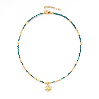 Turquoise Handmade Beaded Necklace Gold Plated Sun Pendant Collarbone Chain