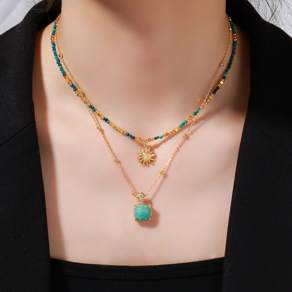 Turquoise Handmade Beaded Necklace Gold Plated Sun Pendant Collarbone Chain