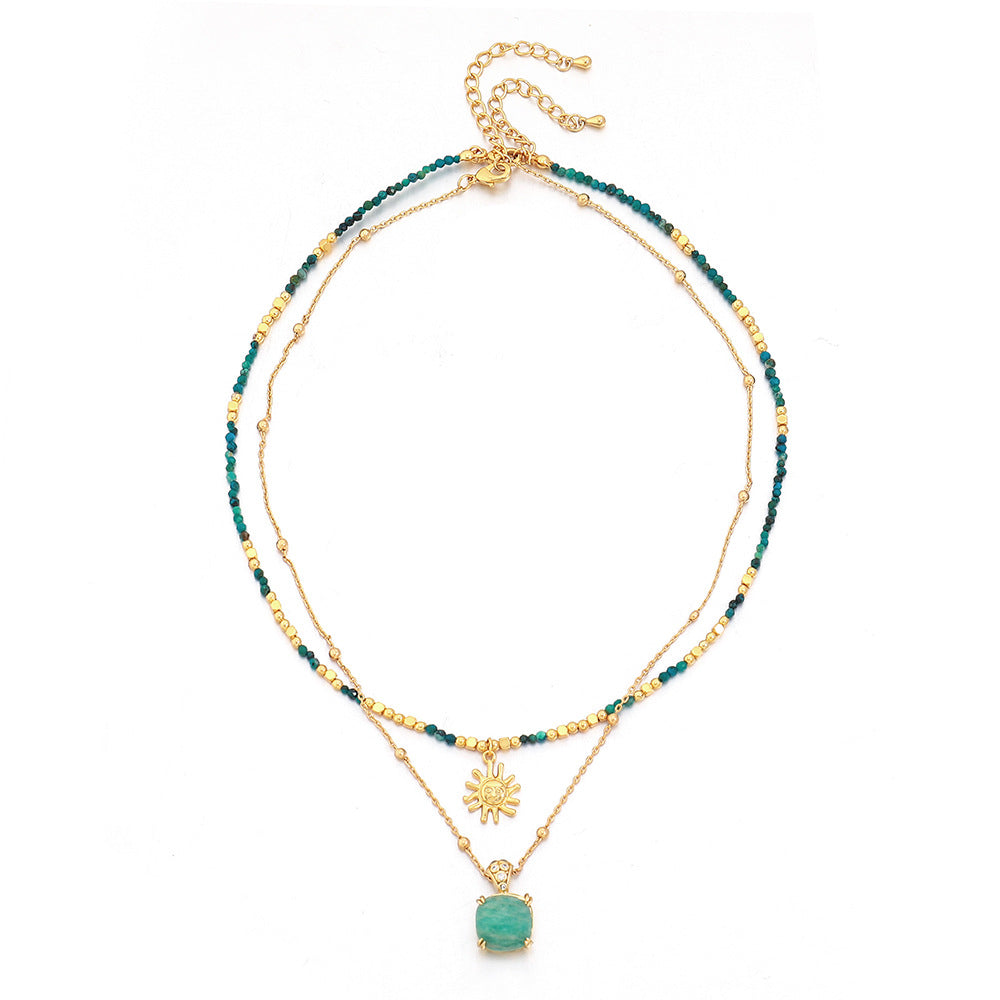 Turquoise Handmade Beaded Necklace Gold Plated Sun Pendant Collarbone Chain