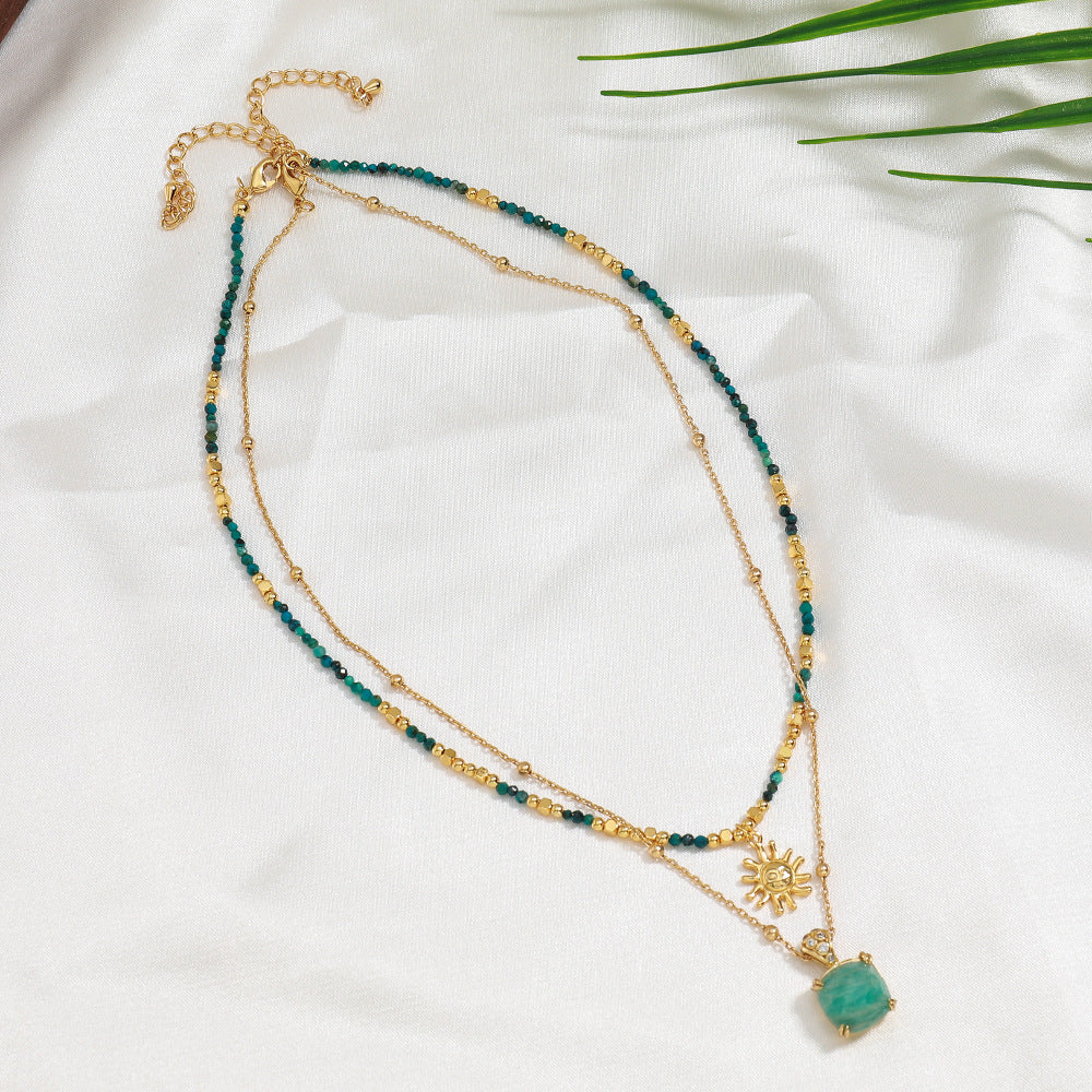 Turquoise Handmade Beaded Necklace Gold Plated Sun Pendant Collarbone Chain