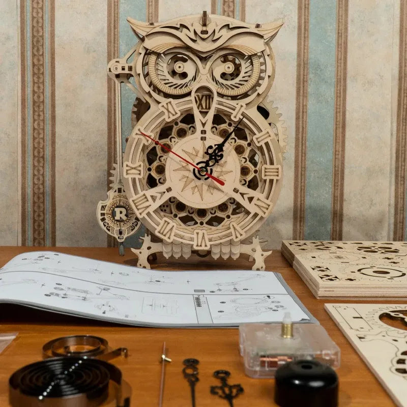 Vintage Owl Clock - Mechanical 3D Wooden Puzzle - 161 Pieces